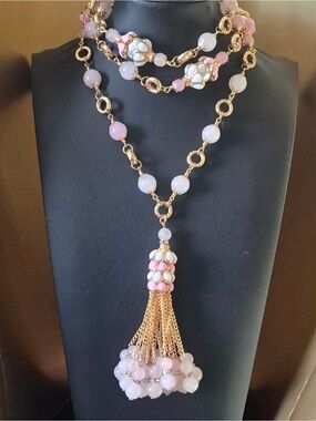 Catwalk Jon Gold and Pink Glass Beaded Tassel Necklace - Women's Jewelry Siged
